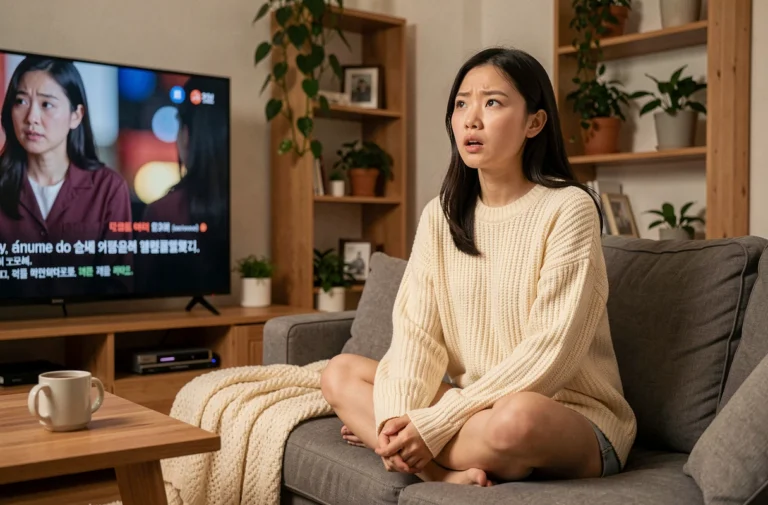 Jeune femme regardant un drama coréen en streaming légal sur son canapé à la maison