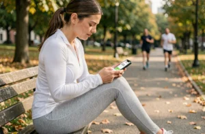 Femme sportive consultant une application compteur de pas gratuite sur son smartphone dans un parc urbain