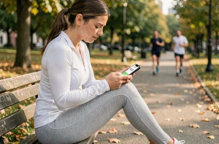 Femme sportive consultant une application compteur de pas gratuite sur son smartphone dans un parc urbain