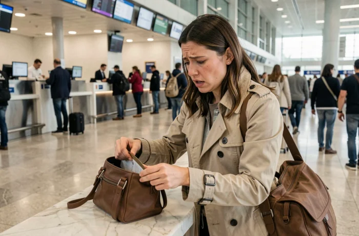 Femme stressée cherchant sa carte d'identité perdue dans son sac à un comptoir d'aéroport avant son vol