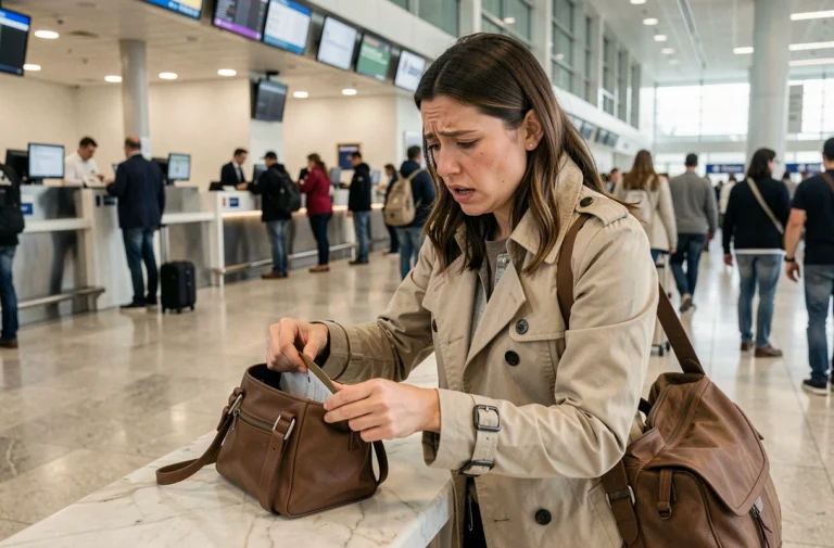 Femme stressée cherchant sa carte d'identité perdue dans son sac à un comptoir d'aéroport avant son vol
