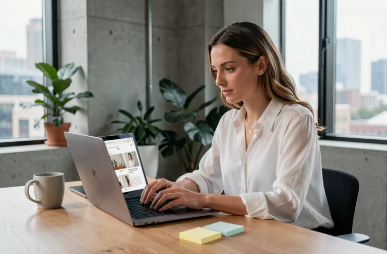 Femme professionnelle consultant les dernières tendances digitales sur un ordinateur portable dans un studio moderne