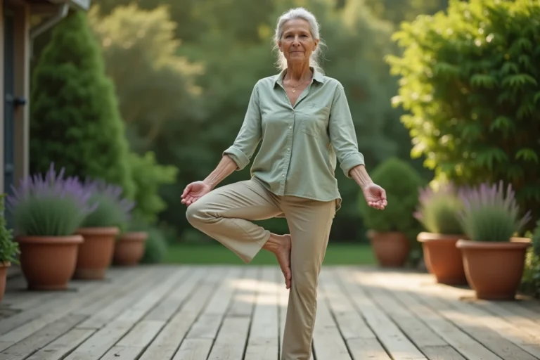 Femme de 60 ans pratiquant le yoga en plein air sur une terrasse en bois entourée de verdure, pour illustrer le bien-être après 60 ans
