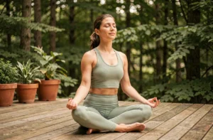Femme pratiquant le yoga en plein air sur une terrasse en bois entourée de verdure pour un mode de vie sain