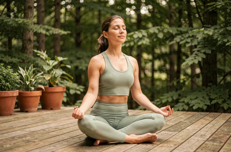 Femme pratiquant le yoga en plein air sur une terrasse en bois entourée de verdure pour un mode de vie sain