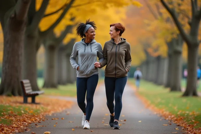 Deux femmes seniors marchant ensemble dans un parc en automne, symbolisant l'activité physique et le lien social pour un vieillissement serein