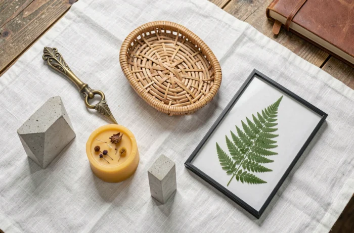 Flat lay di accessori decorativi originali: candela artigianale, vassoio in rattan, fermalibri in cemento e cornice botanica su lino bianco