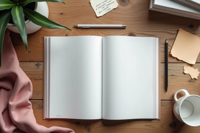 Flat lay d'un magazine de décoration ouvert avec café, notes et échantillon tissu sur table en chêne