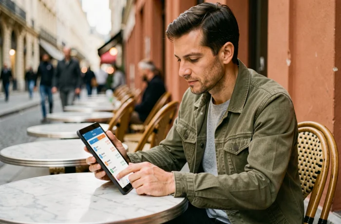Freelance consultant gérant ses comptes en euros sur tablette depuis une terrasse de café parisien
