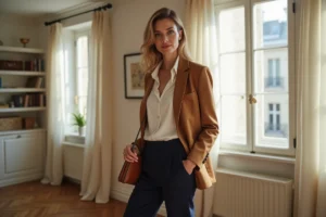 Femme élégante en blazer camel et pantalon large marine dans un appartement parisien, illustrant une garde-robe tendance et sophistiquée au quotidien