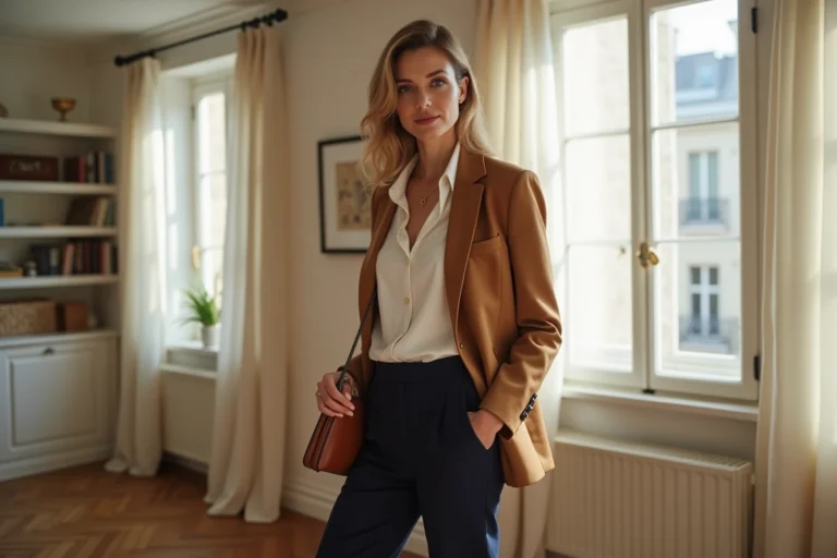 Femme élégante en blazer camel et pantalon large marine dans un appartement parisien, illustrant une garde-robe tendance et sophistiquée au quotidien