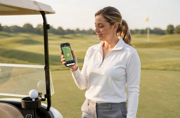 Golfeuse utilisant une application smartphone pour localiser sa balle de golf GPS sur le parcours