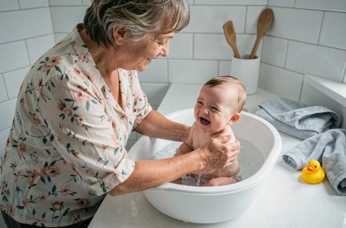 Grandmother bathing a happy baby in a clean and warm bathroom