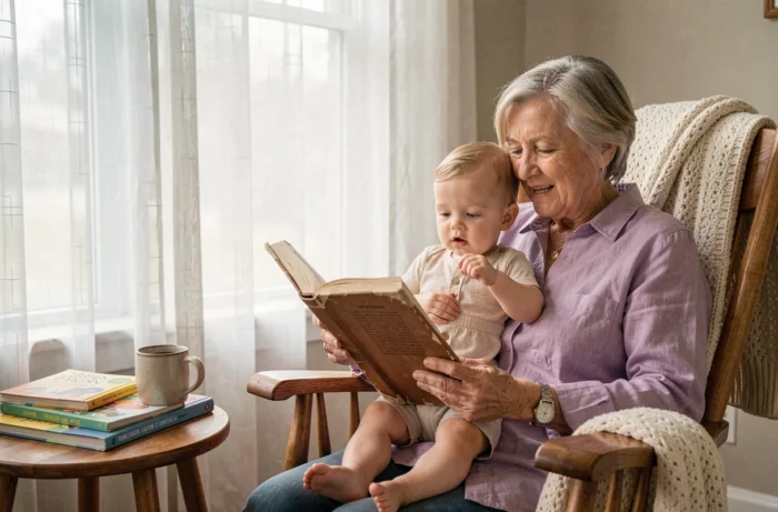 Grandmother reading a board book to her 8-month-old baby in a cozy reading nook, stimulating sensory awakening and language
