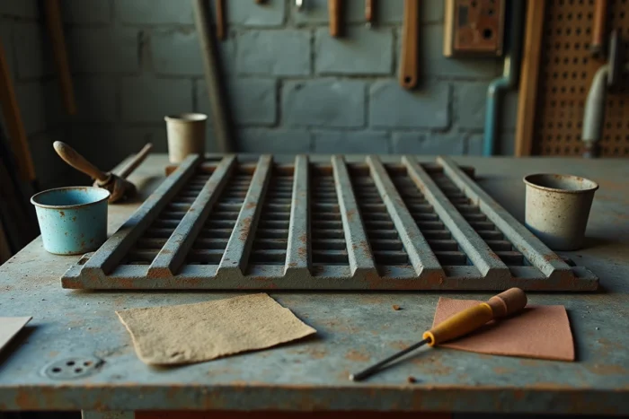 Gros plan sur une grille en acier en cours de restauration avec outils d'entretien et produits de traitement disposés sur un établi