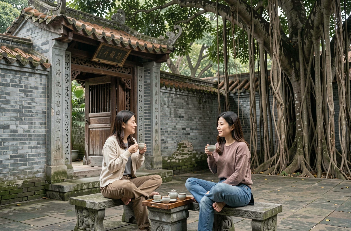 Deux femmes prenant le thé dans la cour d'un hall ancestral cantonais méconnu à Guangzhou