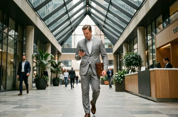 Homme d'affaires marchant dans un atrium moderne en verre et acier, symbolisant le dynamisme et les nouvelles tendances du secteur professionnel