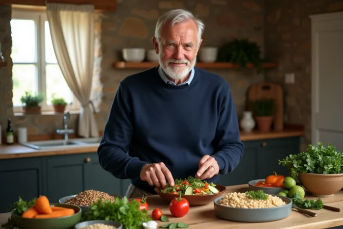 Homme de 65 ans préparant un repas sain et équilibré dans une cuisine rustique, illustrant les habitudes alimentaires saines pour bien vieillir