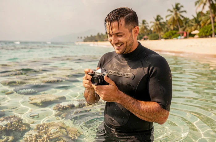 Homme en combinaison de plongée inspectant un appareil photo compact antichoc dans l'eau d'une plage tropicale