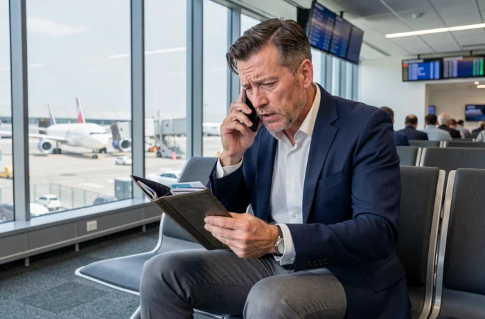 Homme en blazer téléphonant depuis un salon d'aéroport après avoir perdu sa carte d'identité avant son départ