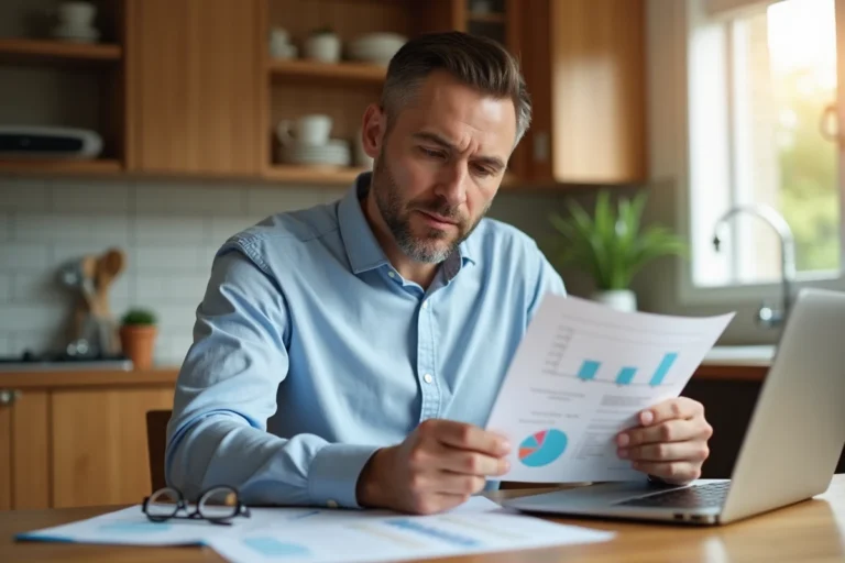 Homme comparant des offres d'assurance auto sur ordinateur portable avec des documents papier sur une table en bois