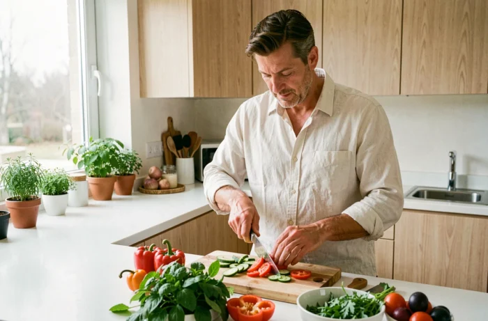 Homme préparant un repas sain avec des légumes frais dans une cuisine moderne pour adopter une alimentation équilibrée