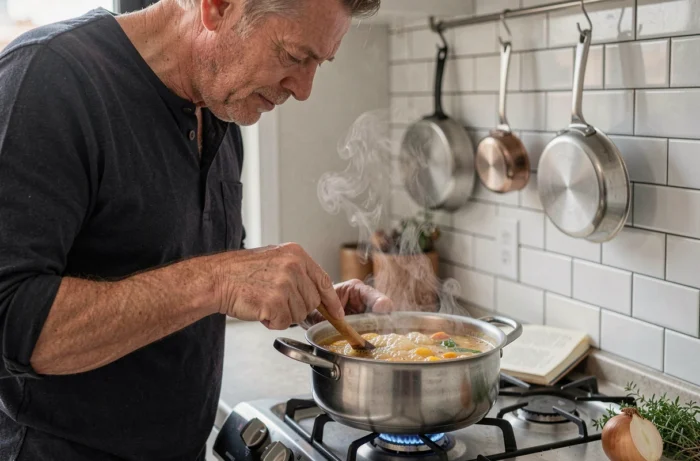 Man stirring homemade soup in a pot on a gas stove in an apartment kitchen