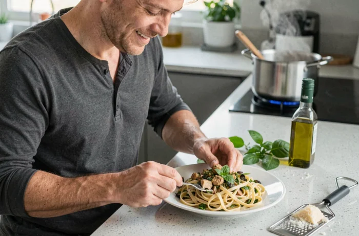 Homme dressant une assiette de pâtes maison avec du basilic frais et du parmesan dans une cuisine moderne du quotidien