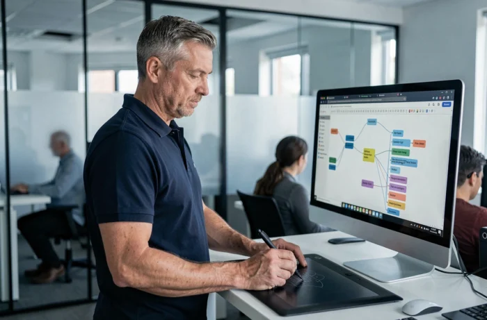 Homme debout devant un grand écran explorant l'arborescence et les rubriques d'un site internet dans un bureau moderne