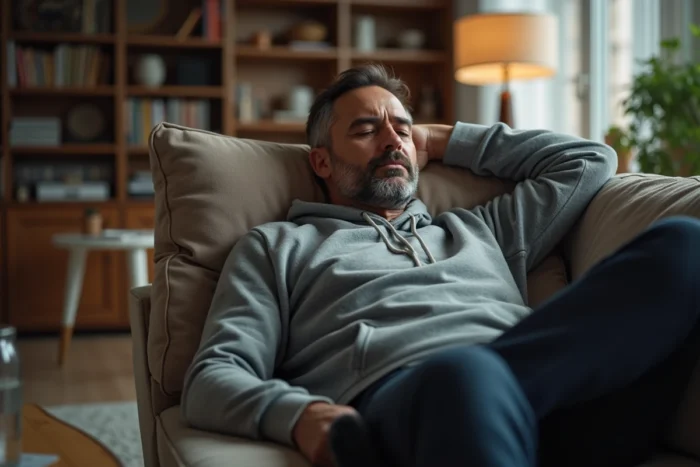Uomo sdraiato su un divano a casa che soffre di fatica e mal di testa dopo un esame di risonanza magnetica