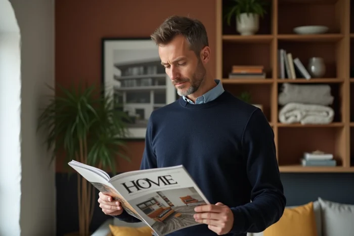 Homme tenant un magazine de décoration intérieure dans un salon contemporain bien agencé