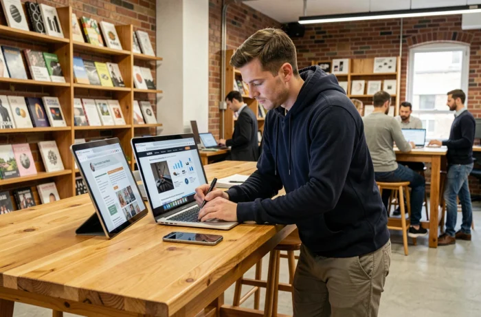 Young male professional taking notes on digital trends in a modern co-working space