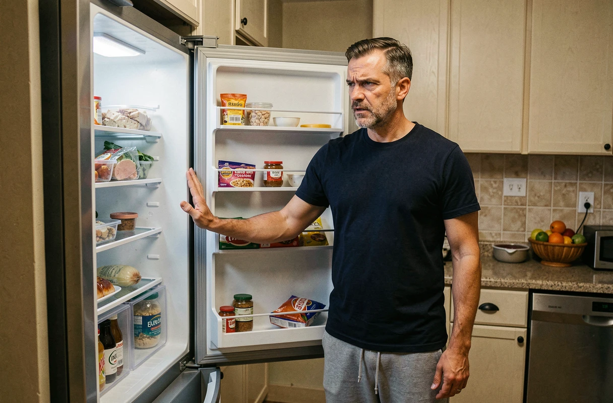 Homme hésitant devant un réfrigérateur ouvert, symbolisant le dilemme de sauter des repas pour perdre du poids