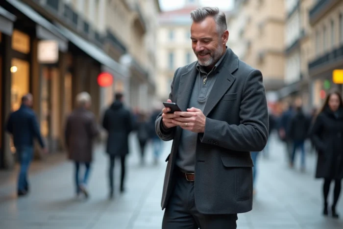 Homme consultant un site d'actualités sur smartphone dans une rue pavée européenne animée