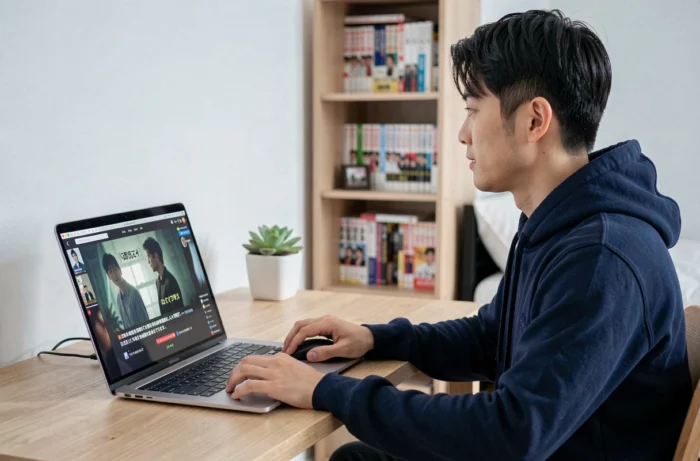 Uomo che guarda un drama giapponese in streaming gratuito e legale sul suo computer portatile