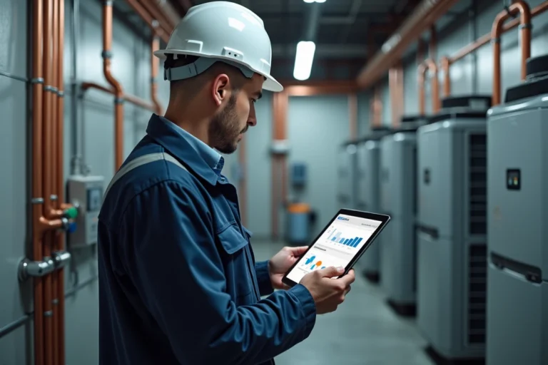 Ingénieur en énergie analysant le coefficient de performance COP sur une tablette numérique dans une salle de pompes à chaleur industrielles
