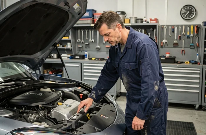 Ingénieur automobile examinant un moteur de voiture sportive dans un atelier professionnel, illustrant la puissance en chevaux