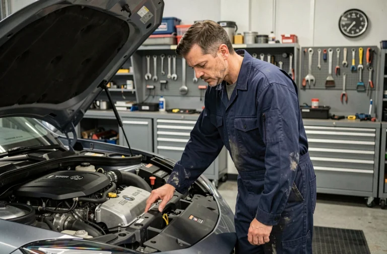 Ingénieur automobile examinant un moteur de voiture sportive dans un atelier professionnel, illustrant la puissance en chevaux