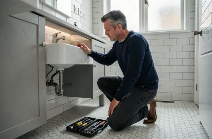 Man inspecting the plumbing under the bathroom sink during a home maintenance check