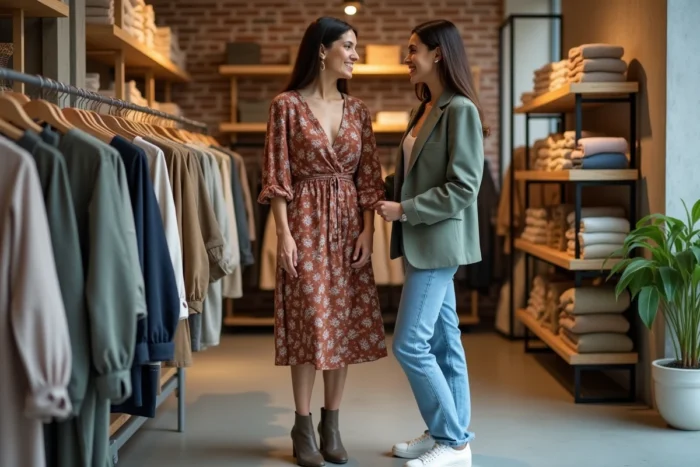 Deux femmes aux styles tendance et complémentaires dans une boutique de mode indépendante, illustrant des inspirations de garde-robe élégante au quotidien