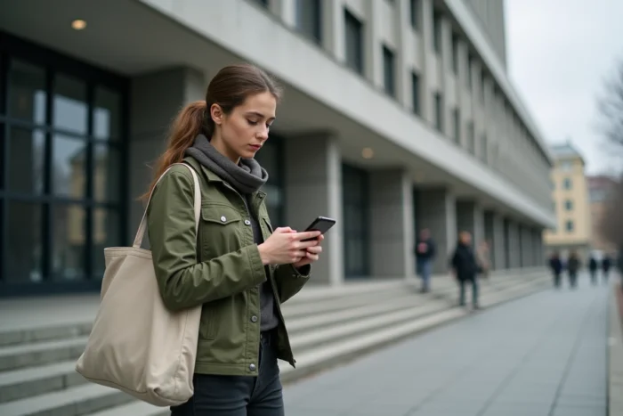 Jeune femme consultant son téléphone devant un centre d'action sociale pour s'informer sur ses droits RSA