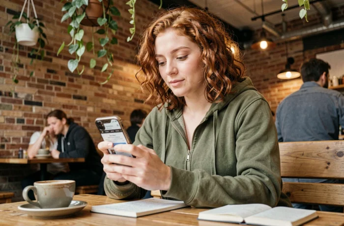 Jeune femme explorant les pages d'un site internet sur son smartphone dans un café urbain