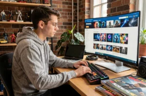Jeune homme geek consultant des ressources high-tech sur un ultrawide monitor dans un bureau maison décoré de figurines rétro