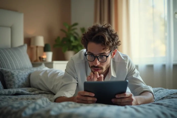 Jeune homme avec lunettes naviguant sur une plateforme de films en streaming depuis une tablette posée sur son lit