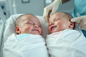 Deux bébés jumeaux nouveau-nés enveloppés dans des langes blancs dans un berceau de maternité, portant des bracelets d'identification distinctifs