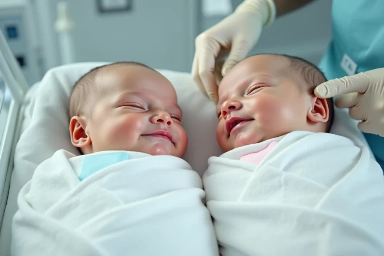 Deux bébés jumeaux nouveau-nés enveloppés dans des langes blancs dans un berceau de maternité, portant des bracelets d'identification distinctifs