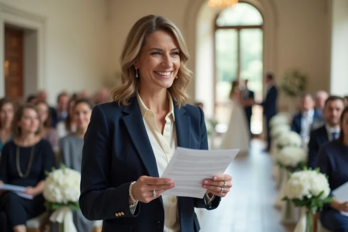 Une femme lit l'article du code civil lors d'une cérémonie de mariage civil en présence des invités