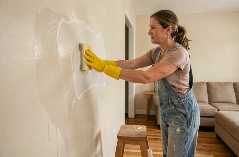 Femme lessivant un mur intérieur beige avec une éponge et des gants jaunes avant la peinture