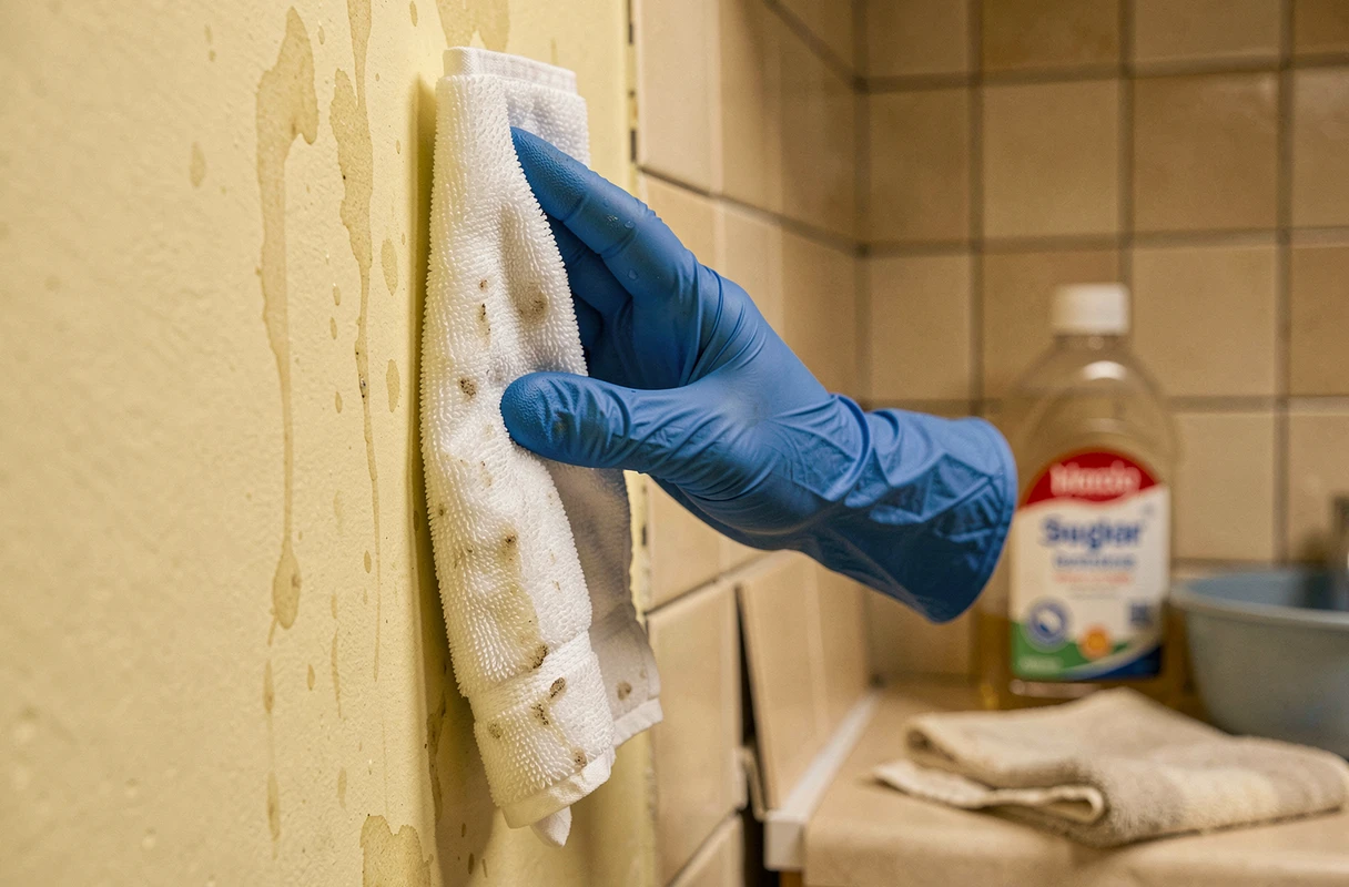 Nahaufnahme von behandschuhten Händen, die eine Küchenwand mit einem Mikrofasertuch beim Abwaschen abwischen