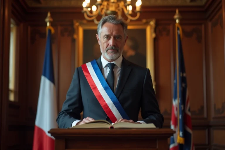 Maire en écharpe tricolore lisant l'article du code civil lors d'une cérémonie de mariage en mairie